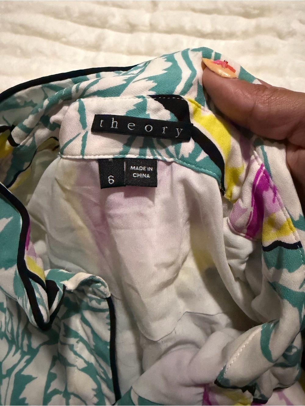 Theory Silk Shirt Dress Size 6 Leaf Print Teal Pink Button Front Missing Button - Picture 5 of 5
